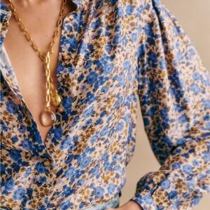 Sezane Blue Silk Floral Button-Down Blouse